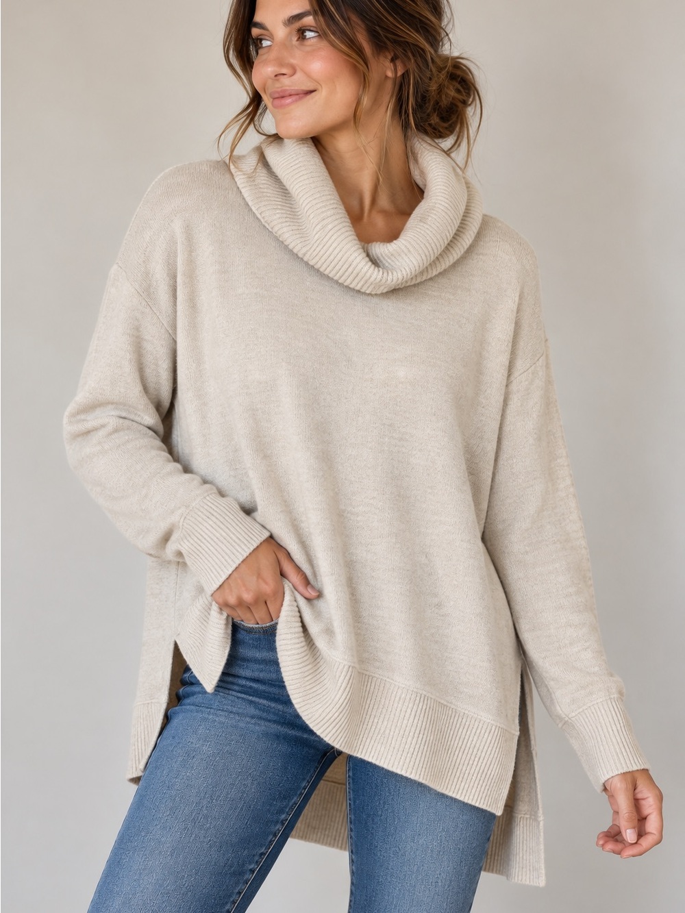 GAP Oatmeal Cowl Neck Sweater Women’s M Oversized Tunic High Low Cozy